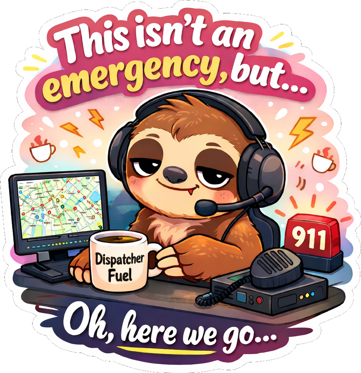 Emergency Dispatcher Vinyl Sticker: Cute Animated Sloth Sitting at a Desk with Radio, Map & Coffee Cup, Ready for Action!