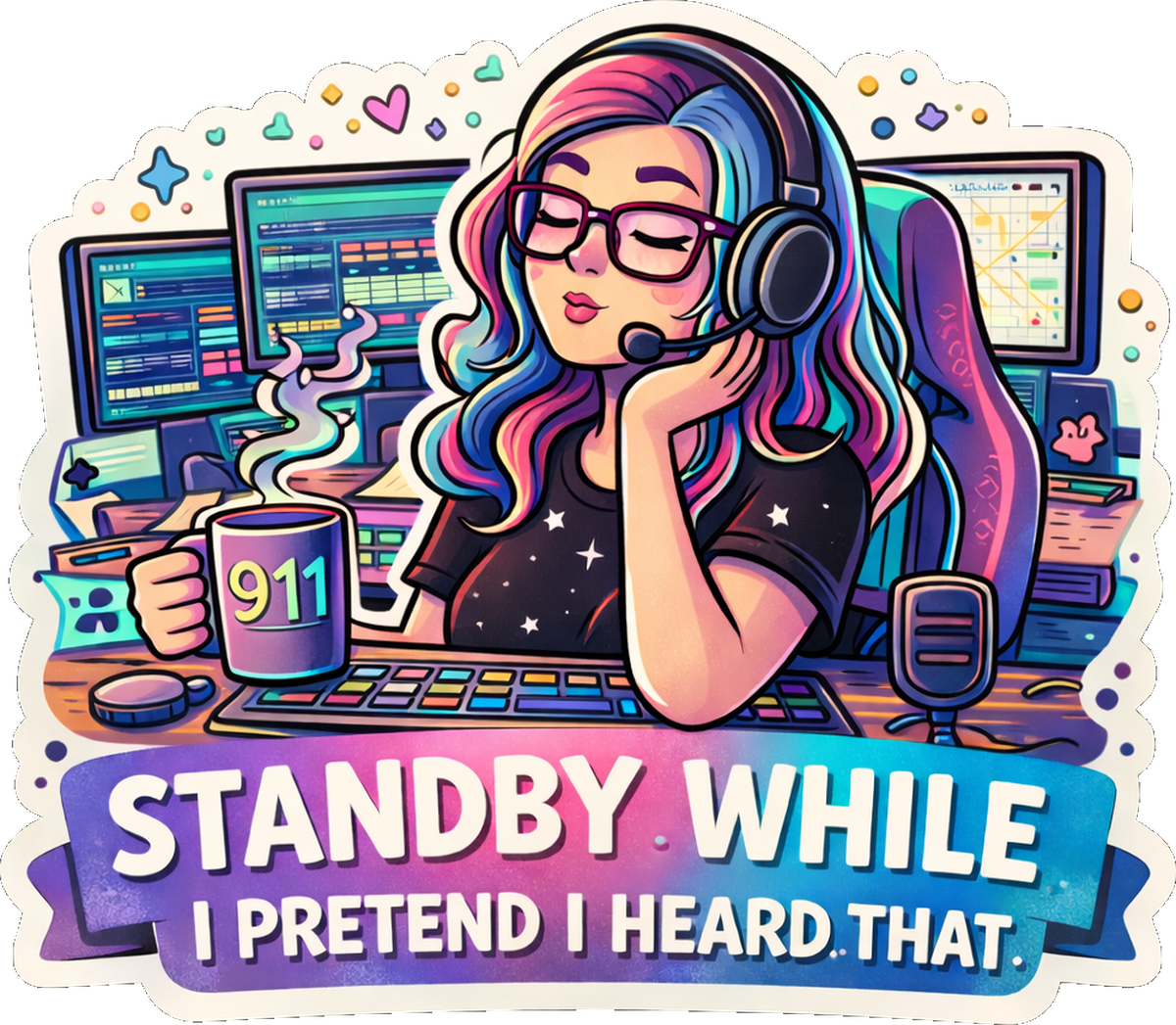 Gamer Girl Standby Sticker" - Gaming and music vibes. Woman in gaming chair, coffee cup, headphones. Vinyl Sticker