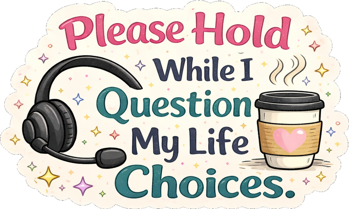 Please Hold While 1 Question My Life Choices" Coffee Cup & Headset Sticker. Vinyl Sticker.
