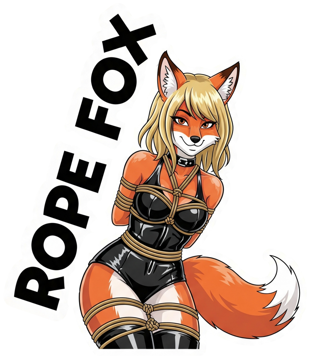 Fox Rope Fetish Sticker: Sexy Red Cartoon Fox in Leather Boundage Outfit with Black Rope, Adult Comic Art