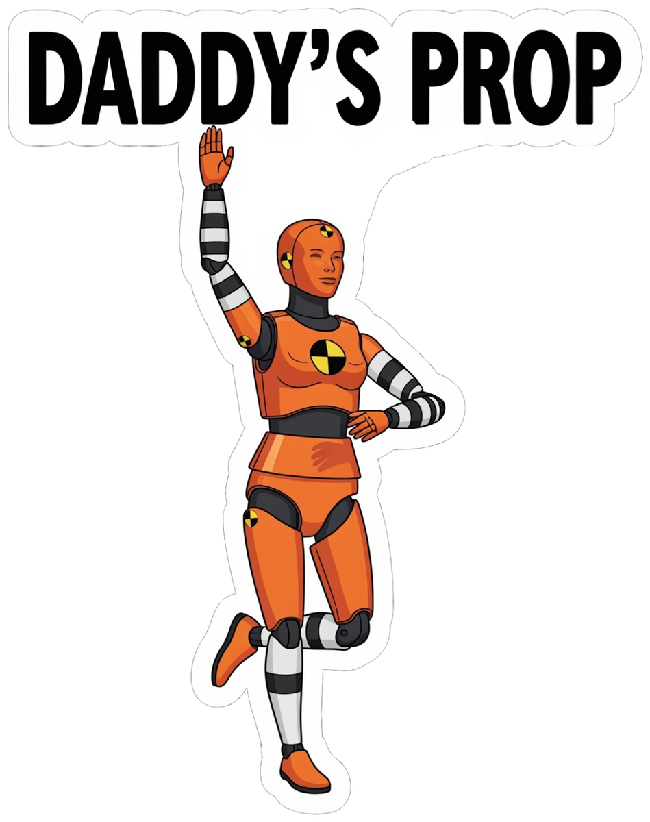 Dad's Prop Vinyl Sticker: Illustrated Orange Robot Sticker with Running Man Image.