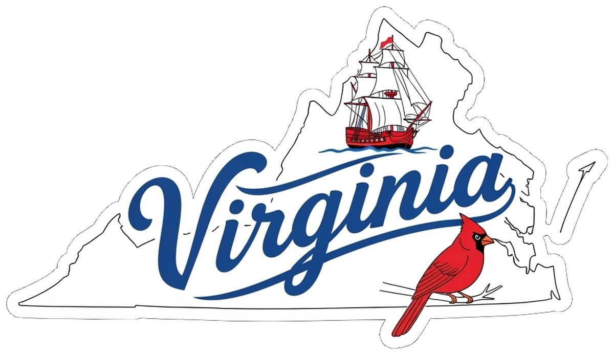 Virginia State Logo Vinyl Sticker: Vintage Design, Colorful Graphic, Red Cardinal and Ship, Official Symbol