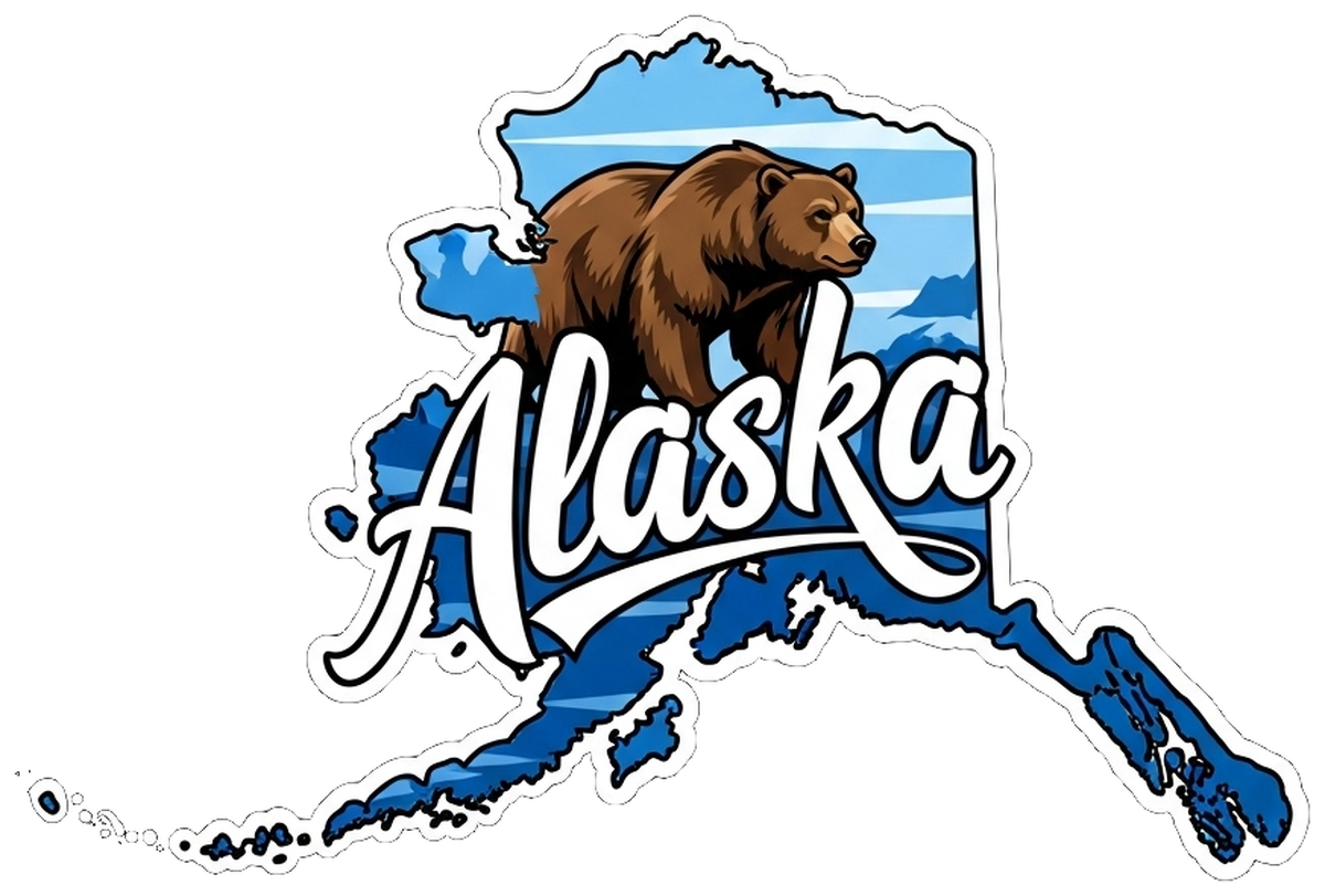 Alaska State Vinyl Sticker: Stylish Graphic of The Grizzly Bear & Northern Lights