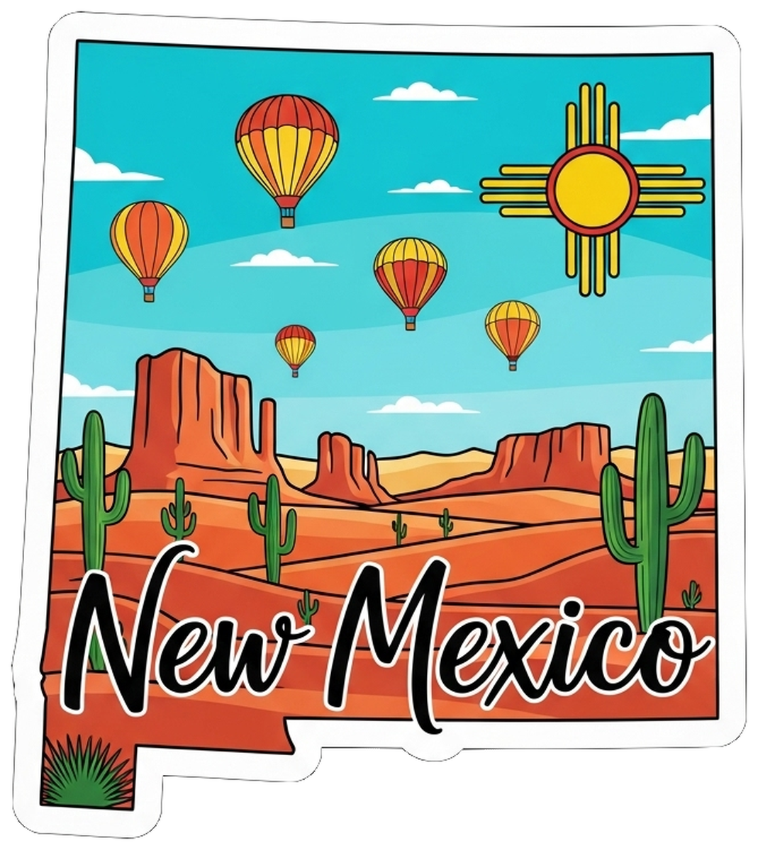 New Mexico Travel Sticker - Vintage Style, Desert Landscape, Yellow Hot Air Balloons, Green Cactus, Red Letters, Arizona Sky Background