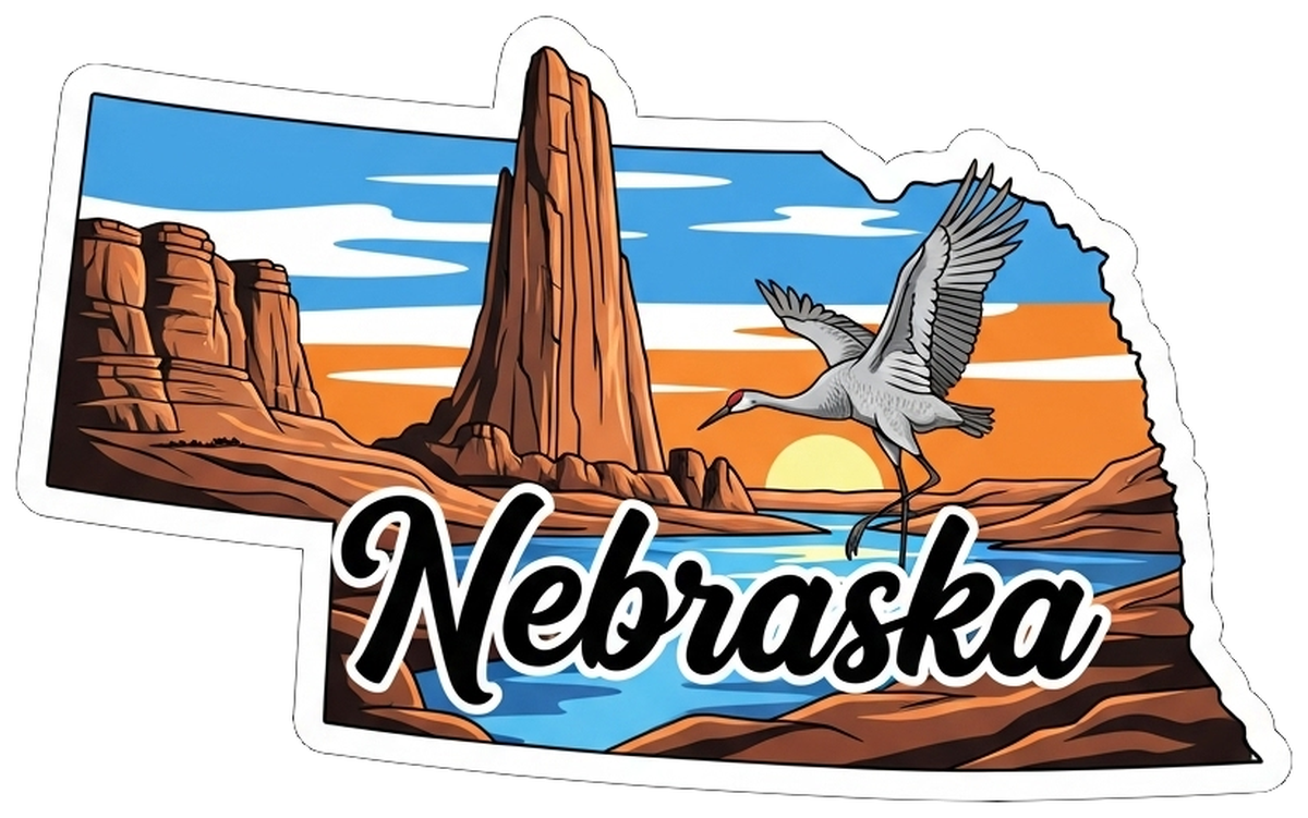 Nebraska State Vacation Sticker. Colorful Travel Sticker. Landmark: Devils Tower, Wyatt Earp's Booth, Chimney Rock.