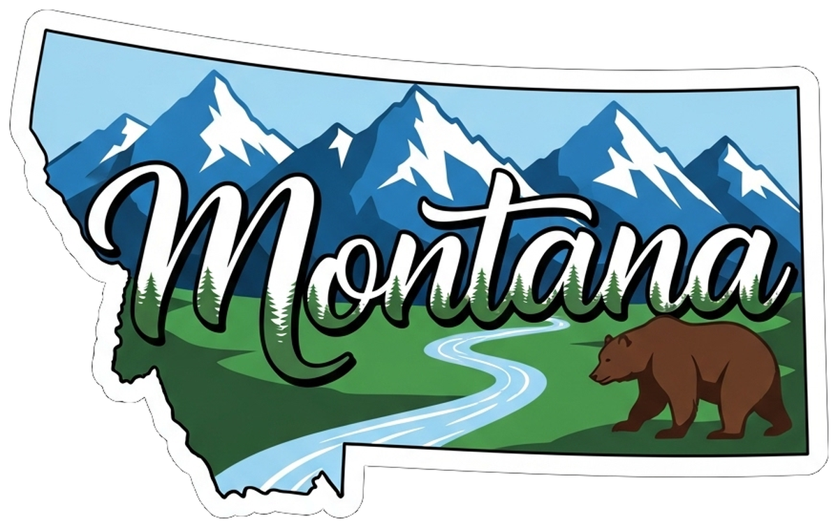 Montana State Vinyl Sticker: Colorful illustrated mountains and bison. Great souvenir for Montana fans.