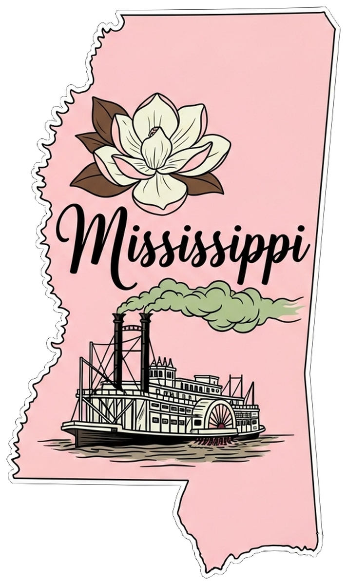 Mississippi Riverboat Steamboat Poster Vinyl Sticker: Vintage Illustration of Mississippi Riverboat with Flower