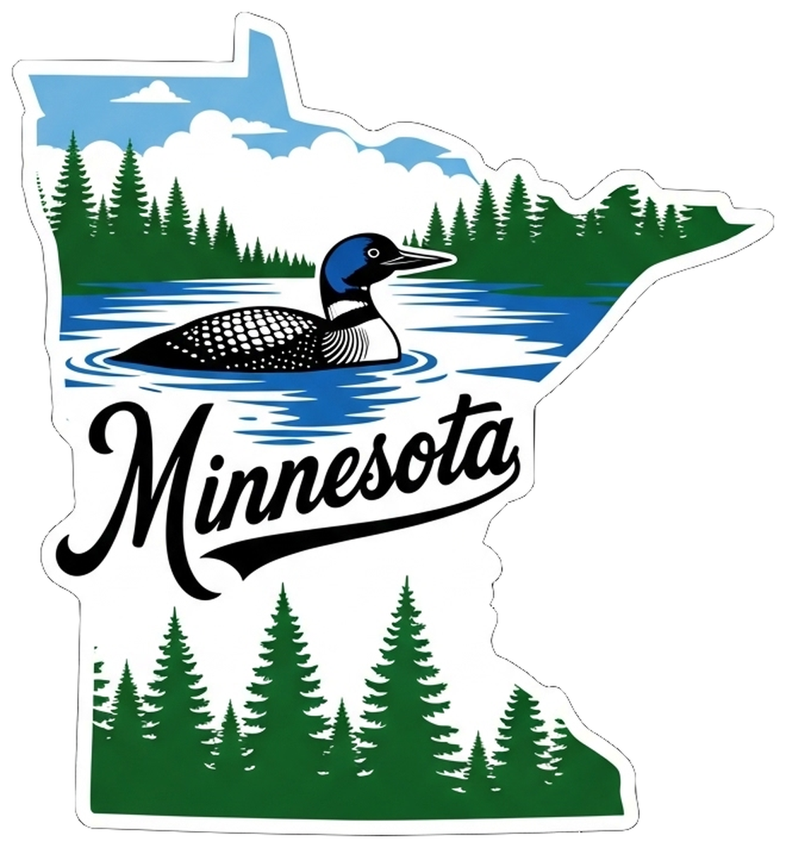 Minnesota State Sticker: Vintage Design, Colorful Landscape Featuring Duck, Pine Tree & River, Rectangular Vinyl Sticker
