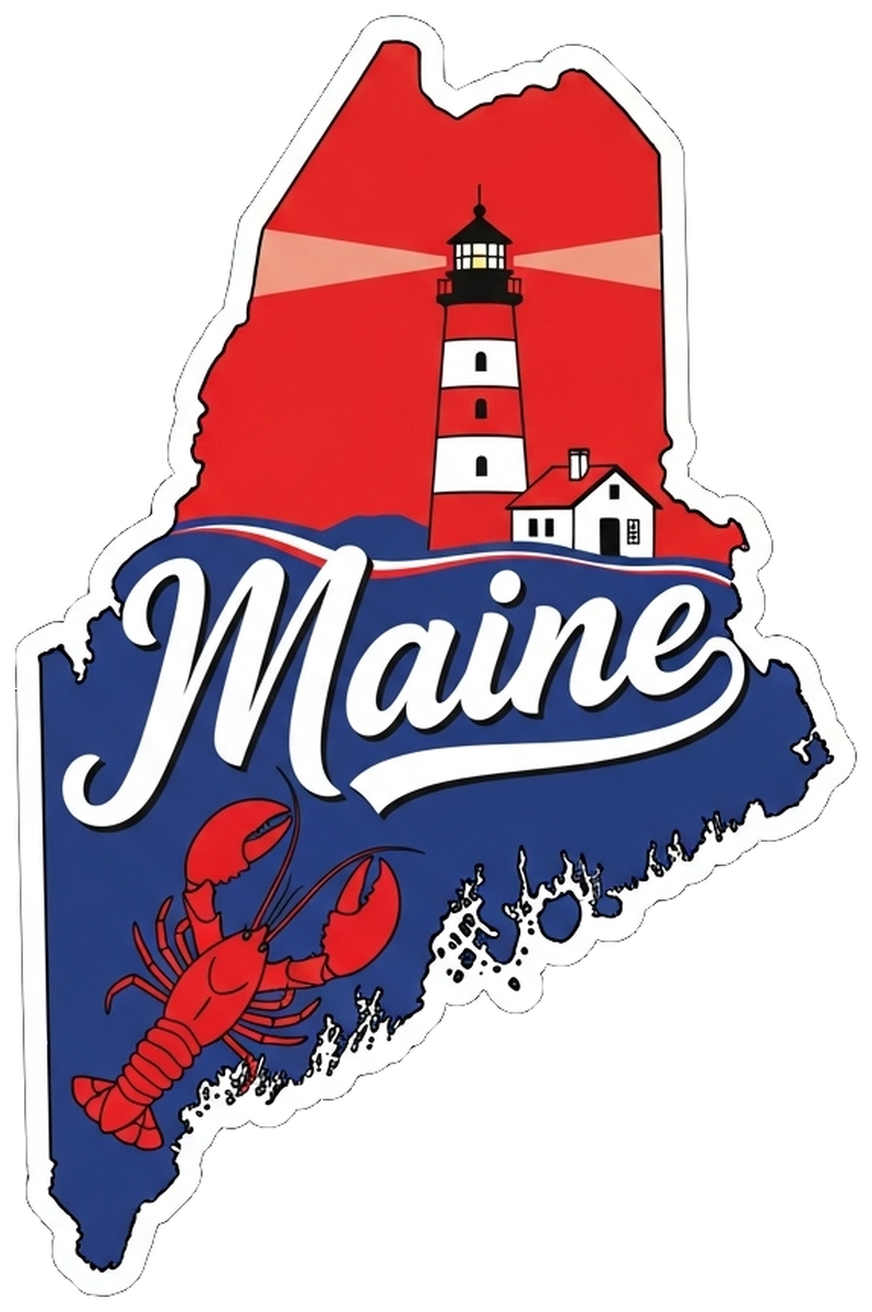Maine Lobster Sticker - Colorful Map with State Outline, Edible Lobster Clip Art