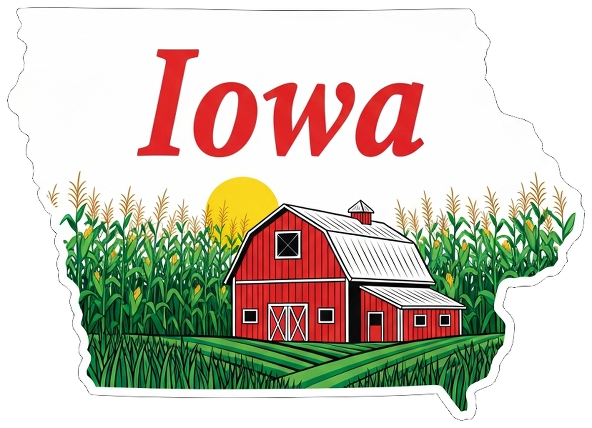 Iowah Farm Life Sticker - Vinyl Sticker: Iowa Barn, Corn, Sunset, Road Trip Decal