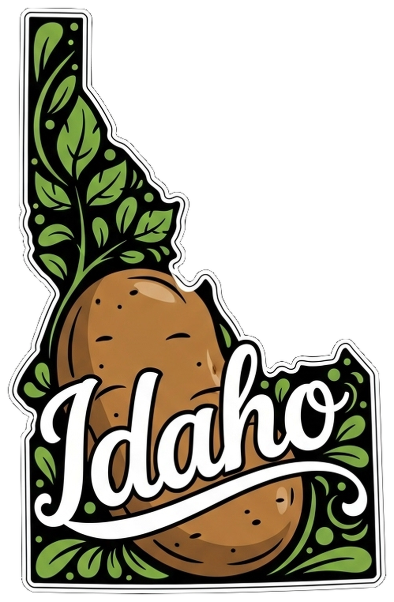 Idaho Potato Sticker - Vintage Logo Design - Rustic Style - Green Leaf Decorations - Stickers for Travel
