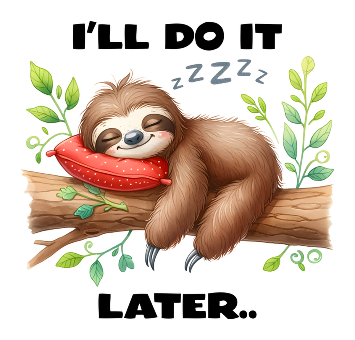 Cartoon Sloth Sleeping on Branch Sticker: Cute Sleepy Cartoon Sloth with Strawberry