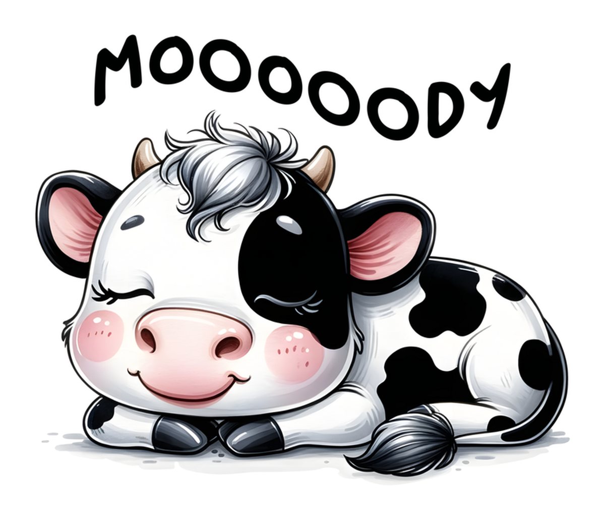 Adorable Cow Cartoon Sticker - Cute Mooody Sticker of a Cow Saying "Moody" with Fluffy Tail - Funny Animal Vinyl Sticker