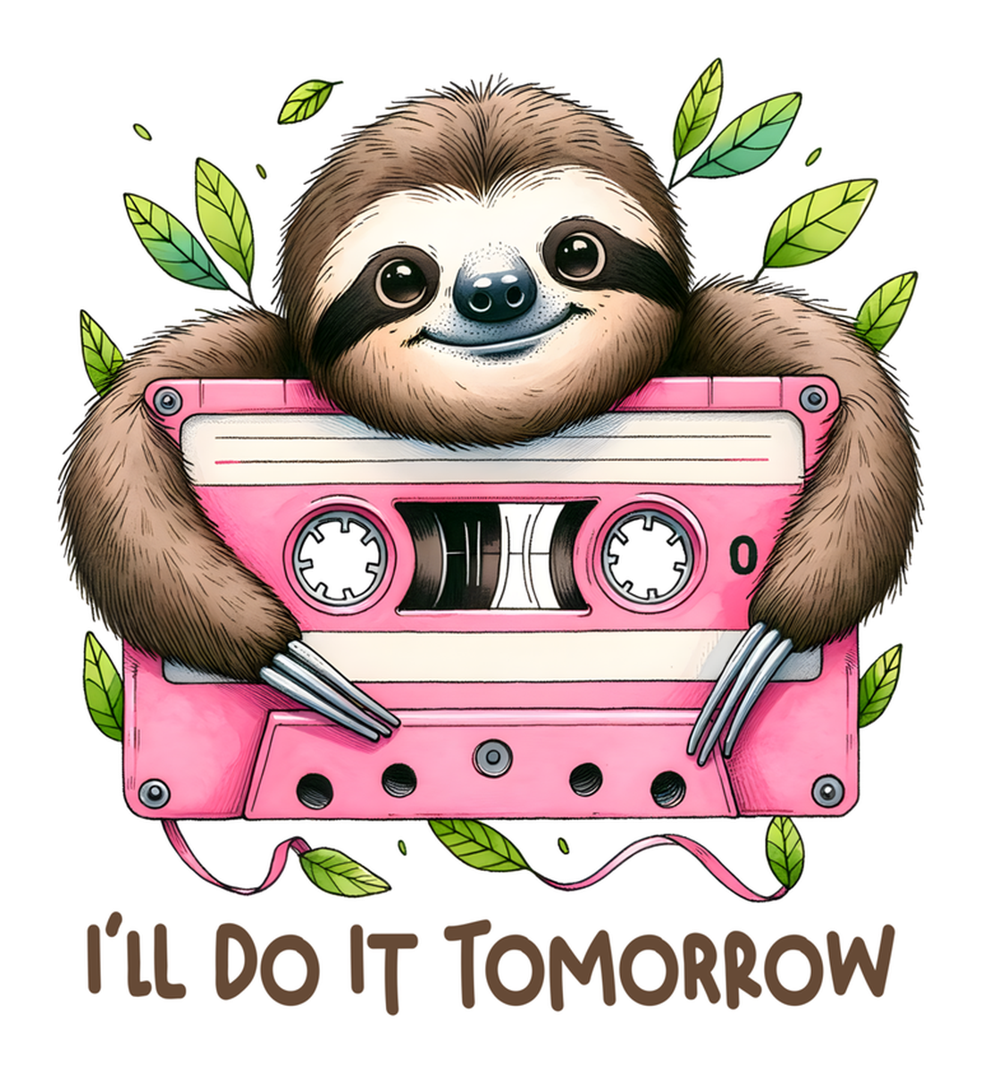 Vintage Cute Sloth Vinyl Sticker: Hand-Illustrated Sloth Holding Cassette Tape w/ text, perfect for retro music lovers! Pastel colors, adorable design.