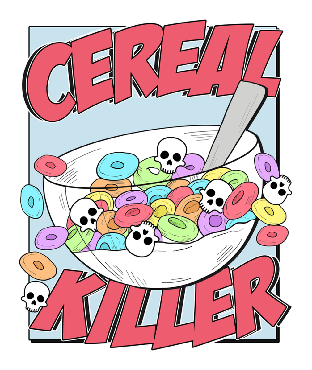 Cereal Killer Vinyl Sticker: Vintage Style Illustration of a Bowl of Cereal with Skeleton Toothpicks and Text Proclaiming "Cereal Killer