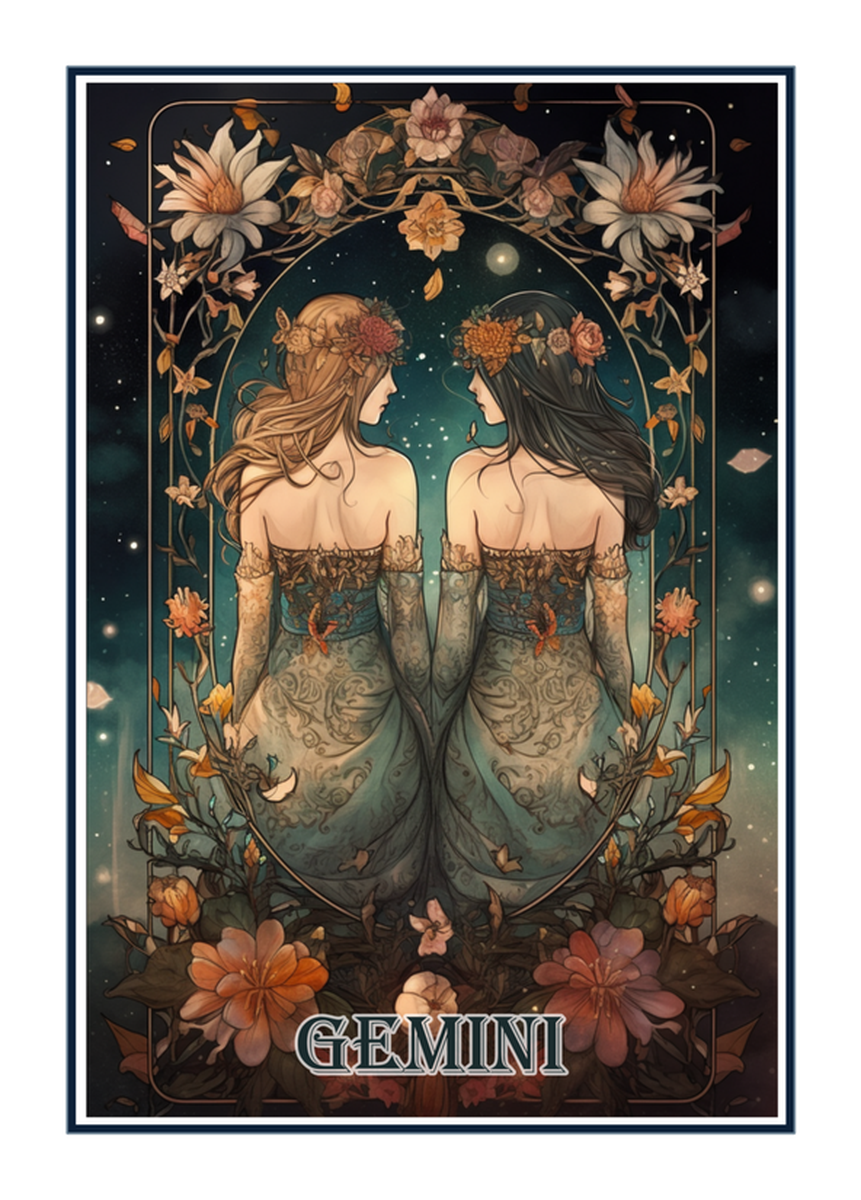 Zodiac Vinyl Sticker: Twin Flames Astrological Tarot Card Featuring Gemini Constellation, Floral Design, and Stars