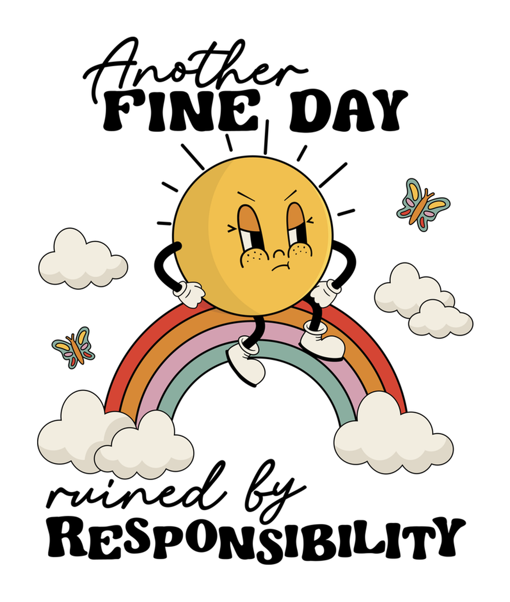 Another Fine Day Vinyl Sticker: Funny Cartoon of An Angry Balloon Character With Clouds and Rainbows, Promoting Responsibility
