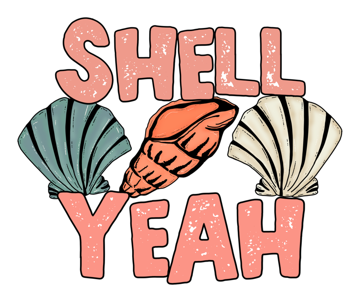 Shell Yeah! Set of 3 vibrant shell stickers in classic beach vibes. Vivid blues, pinks, yellows.