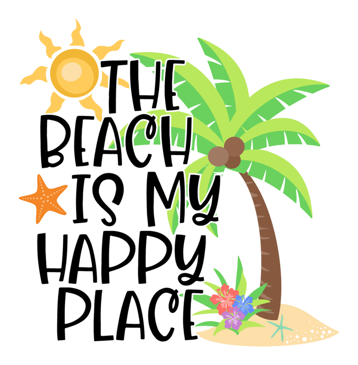 Beach Quote Vinyl Sticker: 'The Beach Is My Happy Place', Sunflowers + Palm Trees, Pastel Colors.