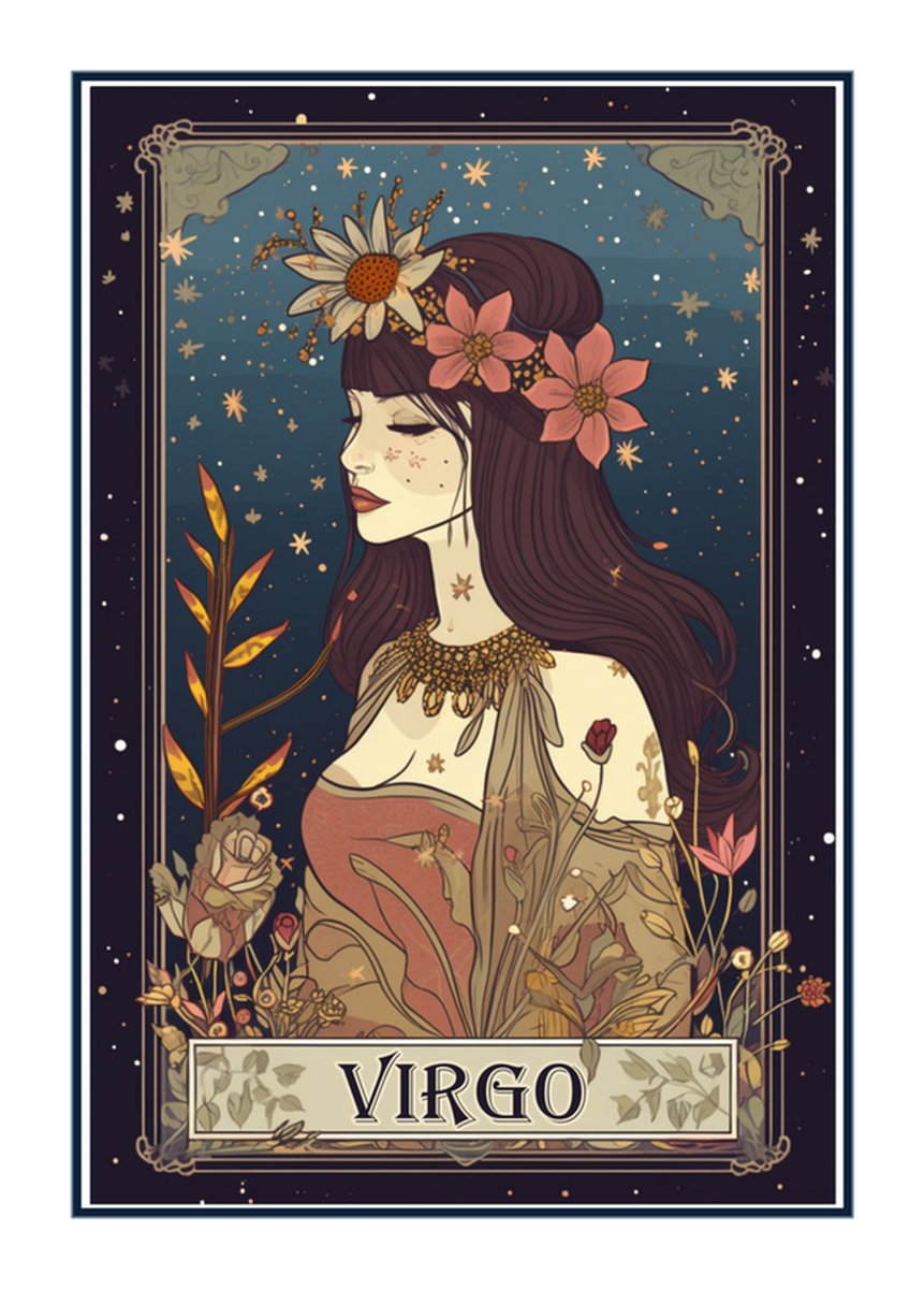 Zodiac Vintage Astrology Tarot Card Sticker: Virgo, Woman with Flowers, Night Sky, Hand Drawn Art, Blue and Purple