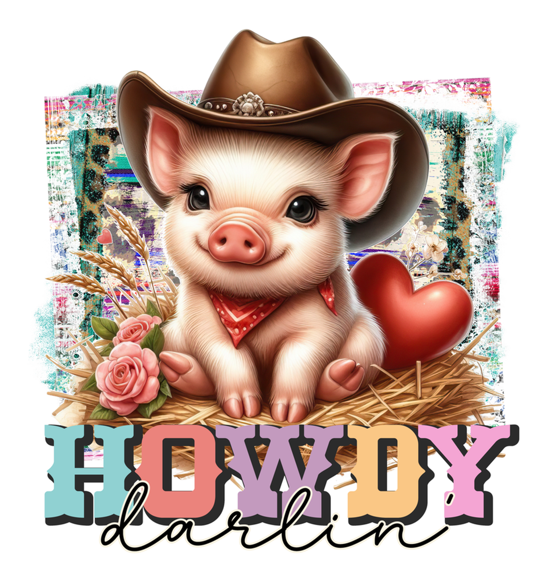 Howdy Carilin: Pig in Cowboy Hat, Heart, and Hay, Cowboy Hat and Bandana, Etsy Sticker