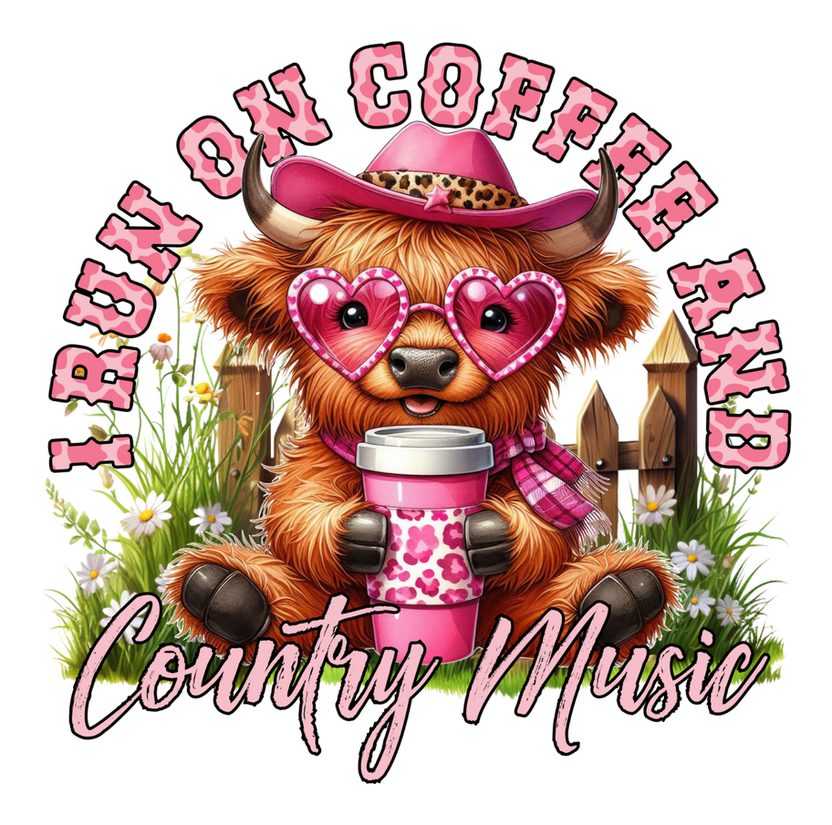 Cute Animal on Coffee Sticker - Vinyl Sticker: Pink cowgirl hat, sunglasses, and bandana, in a rural setting, holding coffee cup with text.