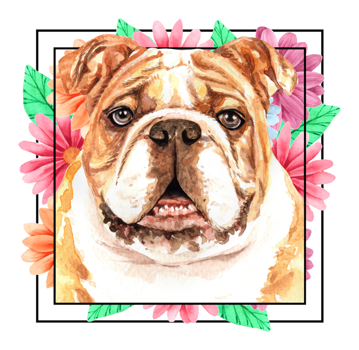 Bulldog Portrait Flower Pattern Watercolor Style Vinyl Sticker.