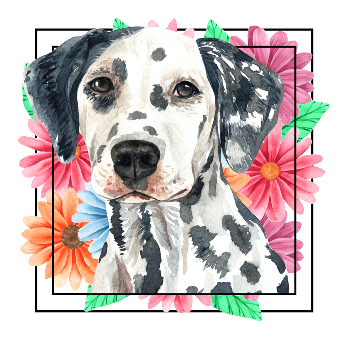 Dalmatian Puppy Flower Sticker - Vintage Watercolor Portrait - Flower Border - Dog Lover Gift