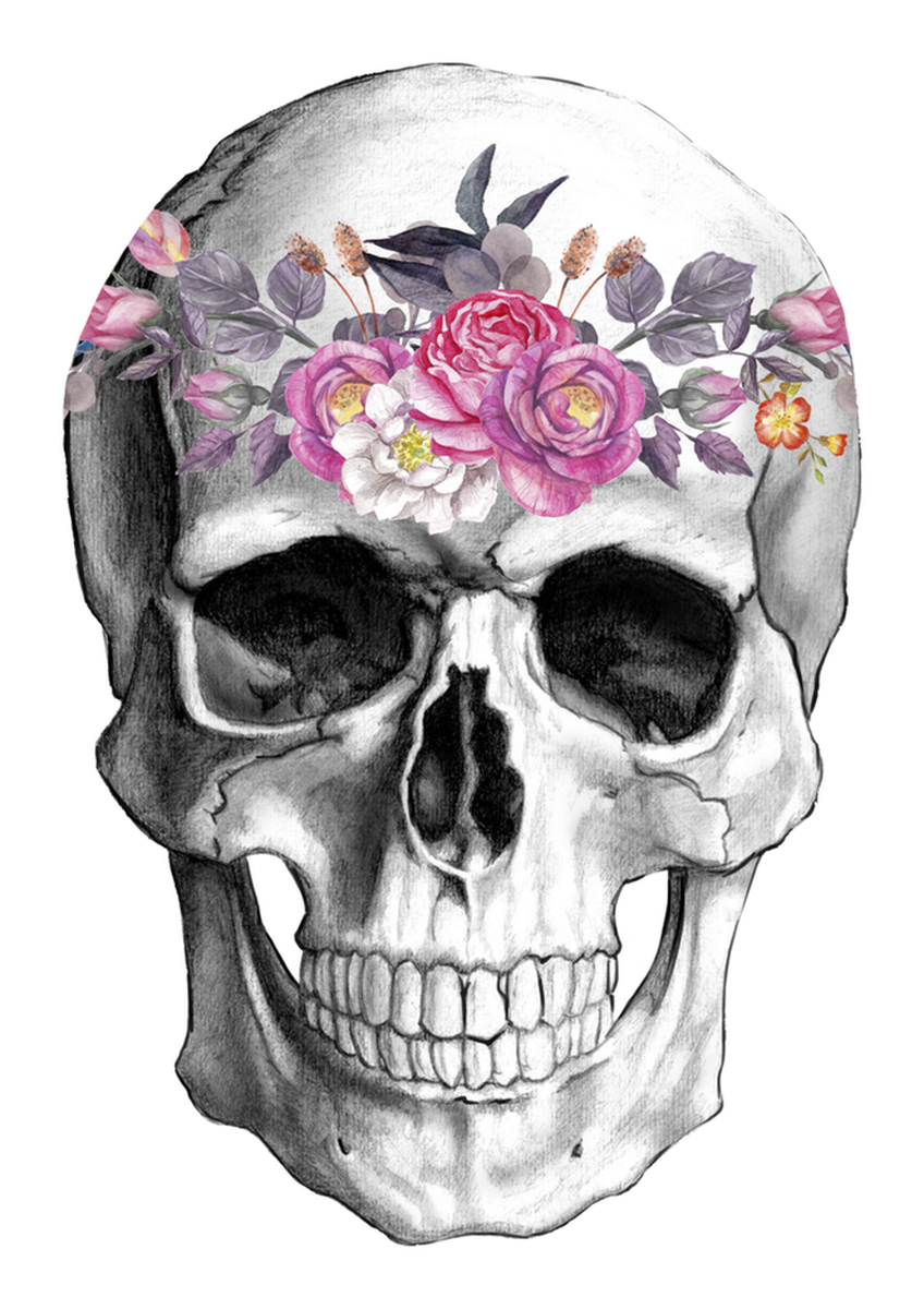 Skull with Flowers - Pink & Purple Floral Decoration - White Skeleton Sticker