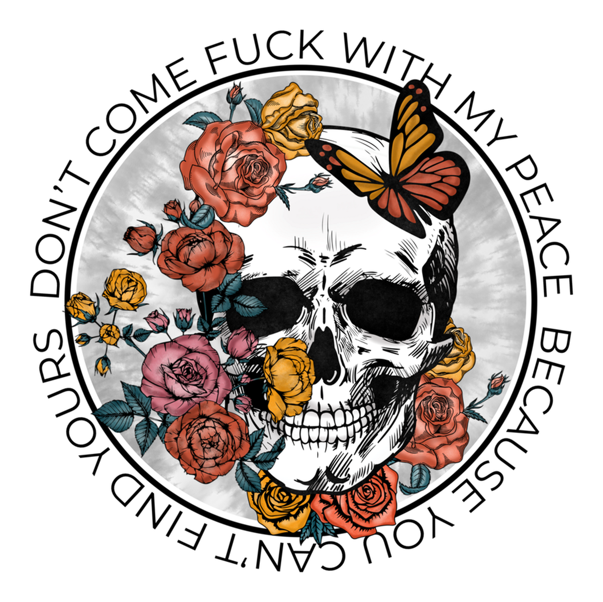 Skull Tattoo with roses, butterflies, peace sign, funny text, Etsy Sticker