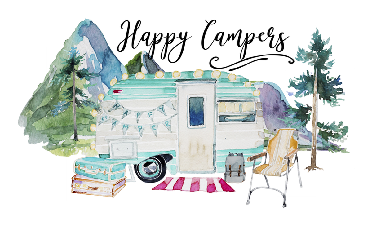 Camping Trip Vacation Getaway Anniversary Sticker - Nature, RV, Lake, Mountains, Hiking, Chair, Happy Annivers, Pastel Colors Vinyl Sticker