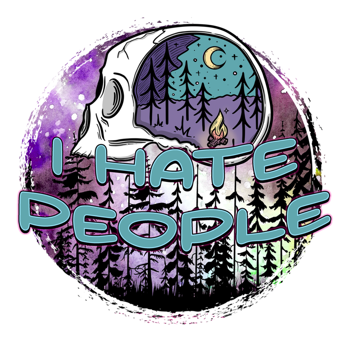 I Hate People Vinyl Sticker" featuring a forest scene, skull, and text on a circular background.