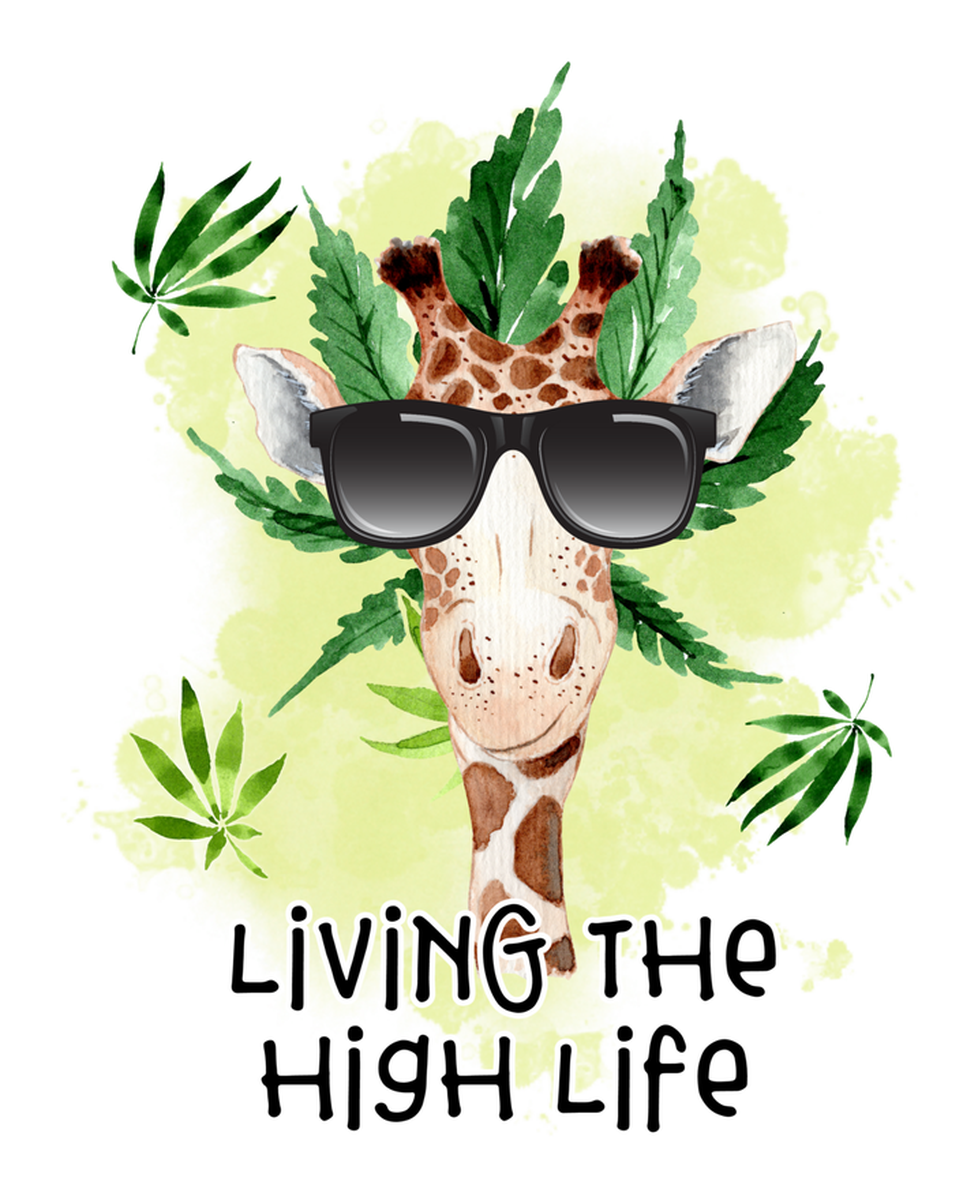 Live the High Life: Giraffe Vinyl Sticker with Sunglasses, Herb Leaves and Positive Message