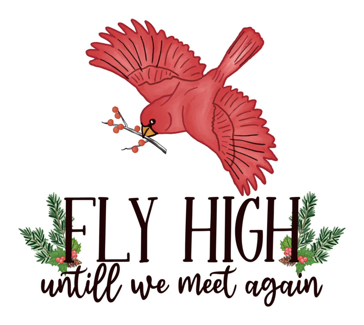 Red Cardinal & Berry Christmas Fly High Vinyl Sticker.