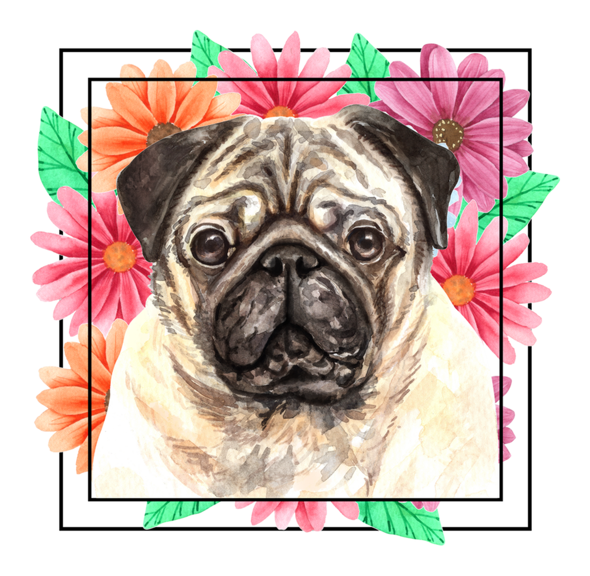 Pug Dog Flower Framed Sticker: Cute Pet Portrait with Watercolor Flowers (vinyl sticker)