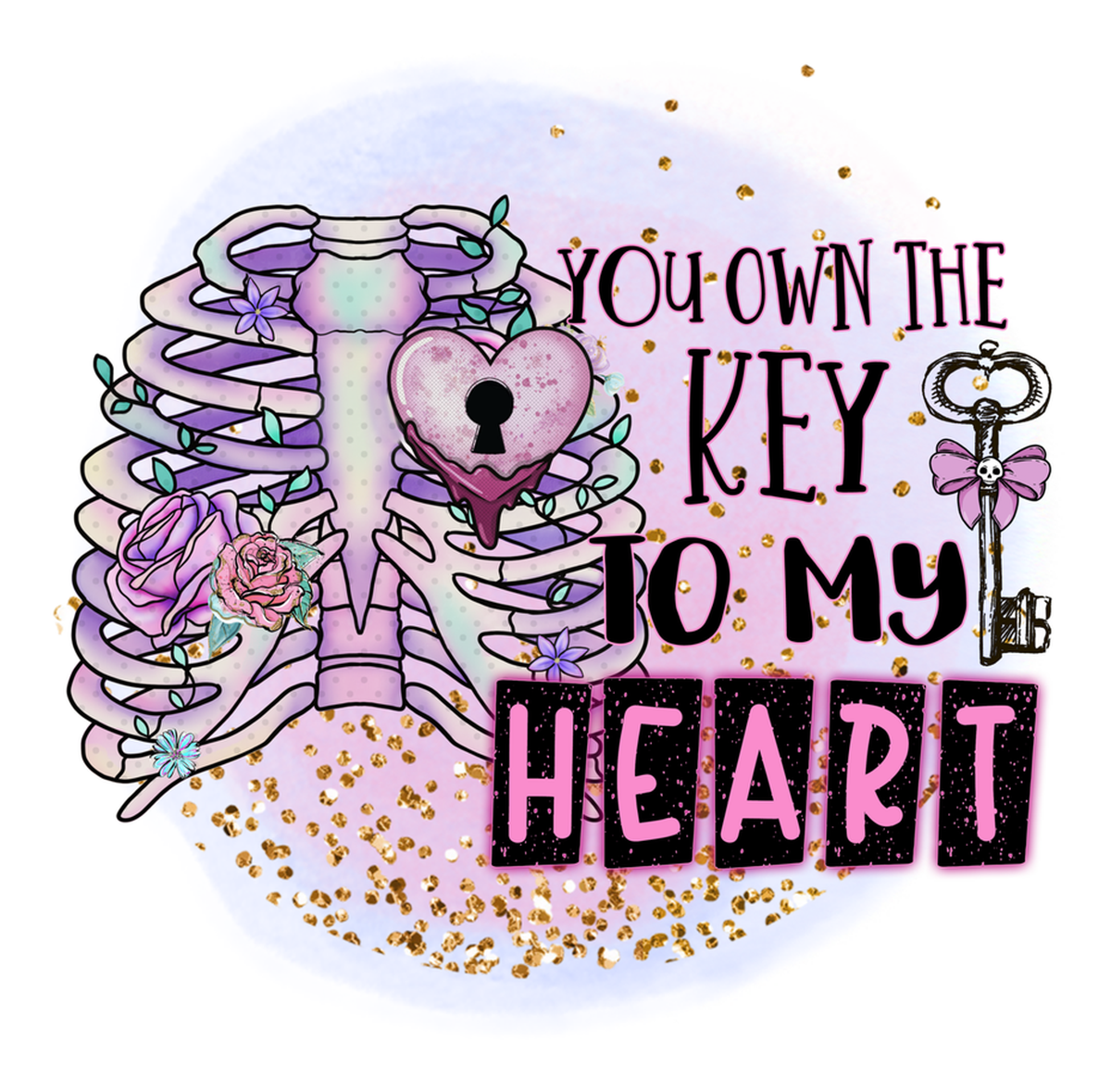 You Own the Key to My Heart Vinyl Sticker: Pink and Purple Illustration with Quote "You Own the Key to My Heart" Featuring a Heart with Two Keys.