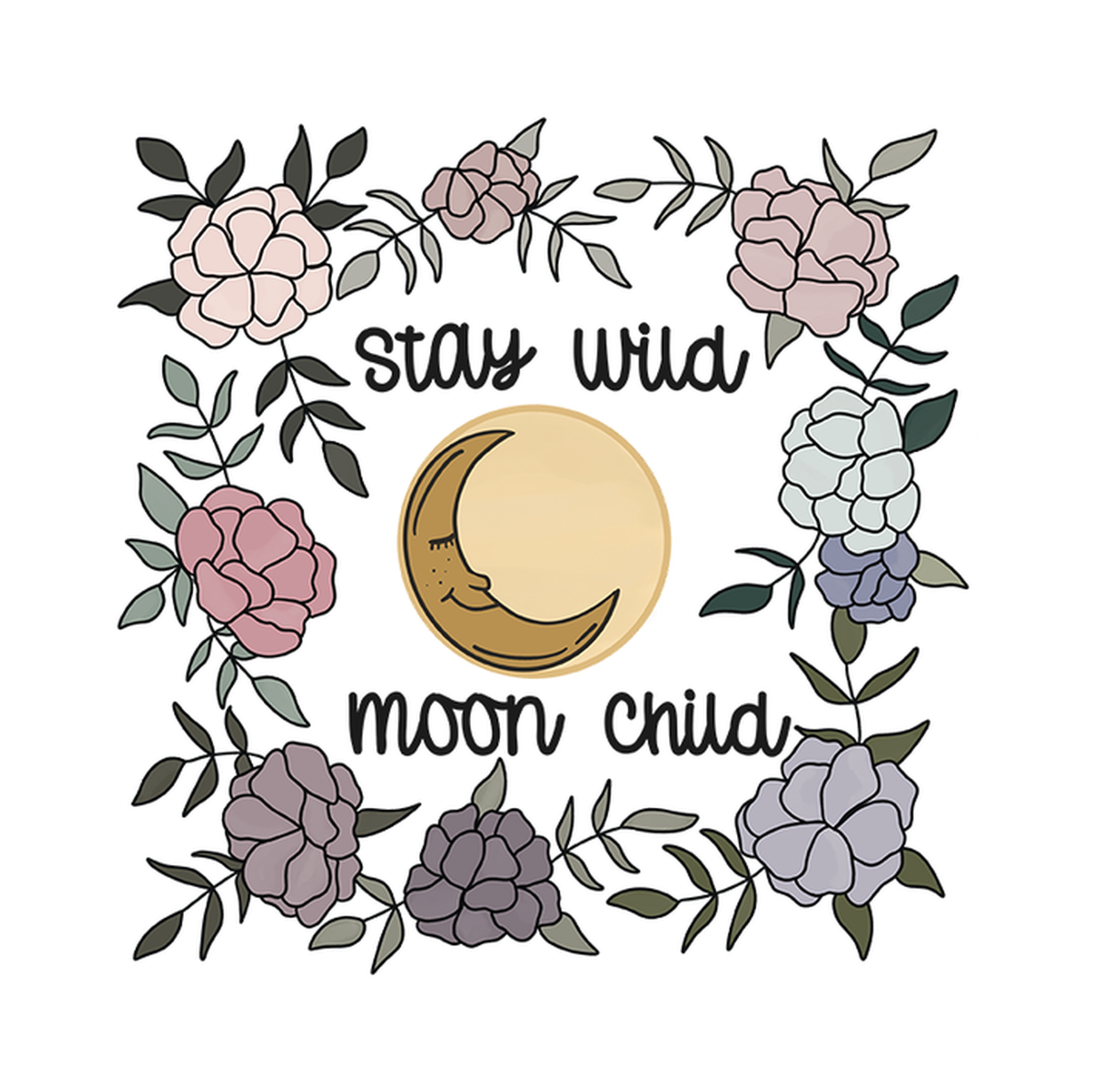 Stylish Moon Child Vinyl Sticker: Floral border, moon phase, rose gold coin graphic, black text on white background.