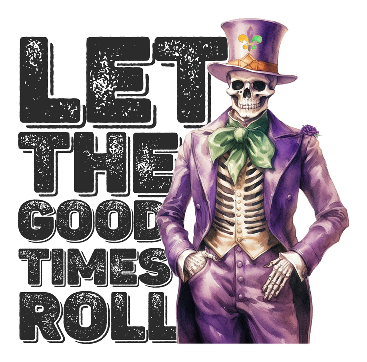 Let Me Enter the Good Times Roll" - A vintage style sticker featuring a cartoon of a skeleton in clown makeup holding a cane and rollerskates, all on a purple background. Vinyl Sticker.