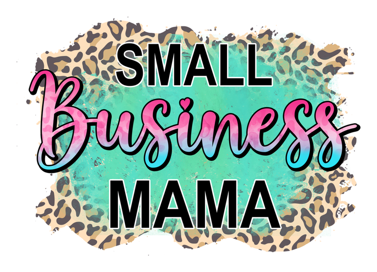 Small Business Mama Vinyl Sticker: Pink + Blue Hand Lettering on Cheetah Print Background (Words & Logo).