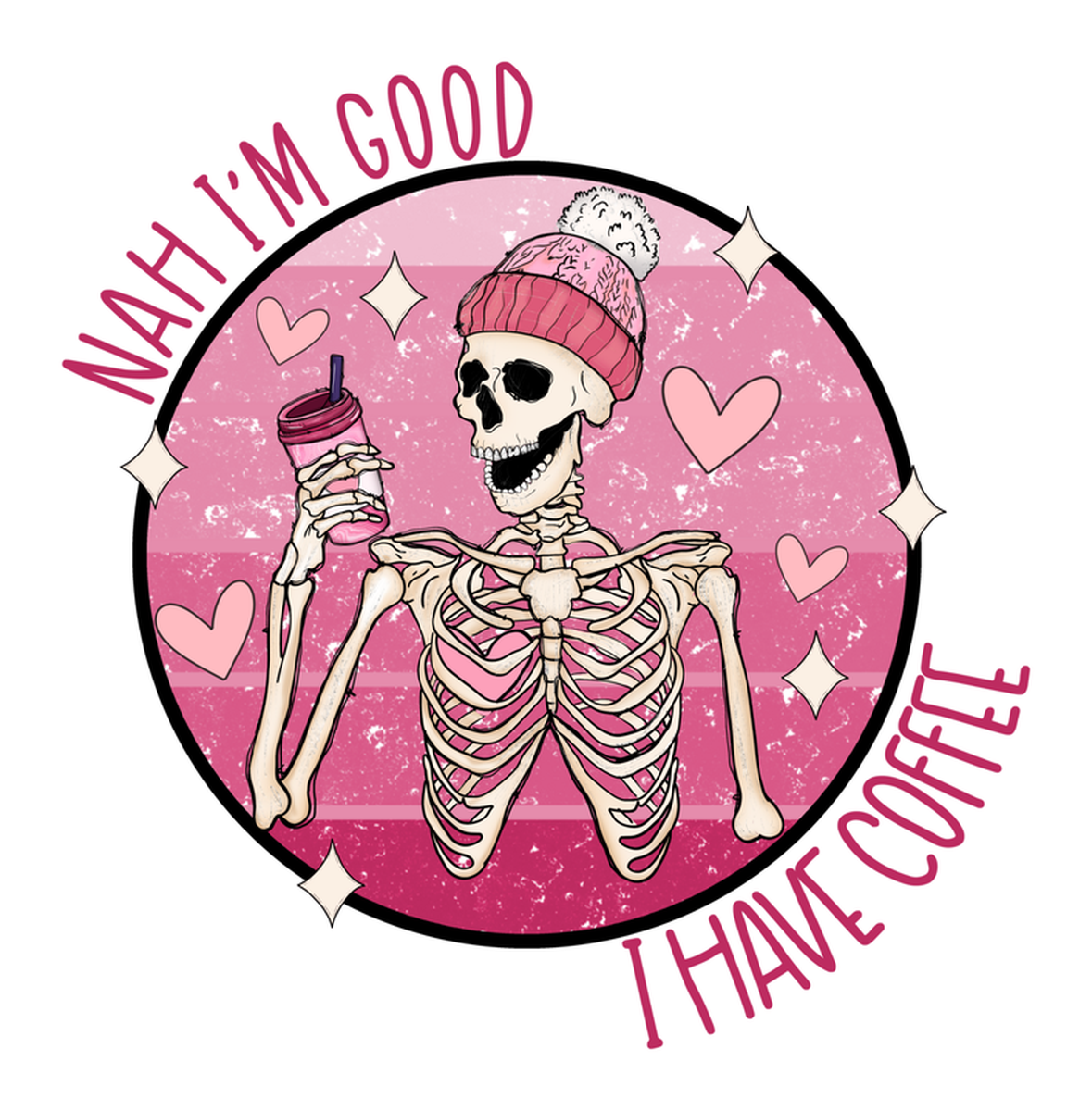 Coffee Skeleton Hipster Vinyl Sticker - Pink & Black Edition: A funny way to celebrate your love for coffee! Featuring a quirky skeleton holding a cup of coffee in one hand and a bagel in the other, with a cute cat sleeping on its lap. It also includes funny text like "I'm good at coffee", "coffee is my jam" & "coffee have coffee". Great for coffee lovers!