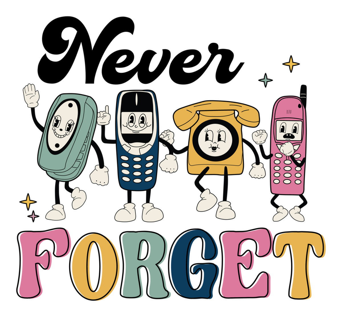 Never Forget: Funny Cartoon Stickers With Three Phone Characters Honoring A Loved One (vinyl sticker)