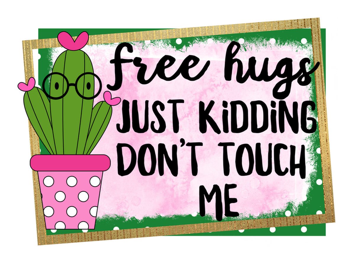 Cactus Free Hugs Sticker: Pink Cactus + Quote "Free hugs just kidding dont touch me" - Hand Lettering Style - Vintage Vibe - Vinyl Sticker