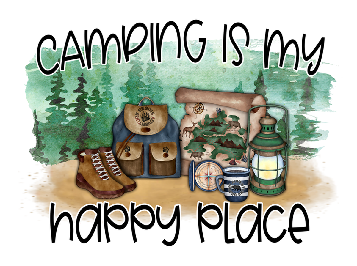 Camping Is My Happy Place: Woodland Creature Style, Nature Themed Stickers, Travel Adventure Vibes, Camper Van Illustration, Outdoor Happiness Vinyl Sticker