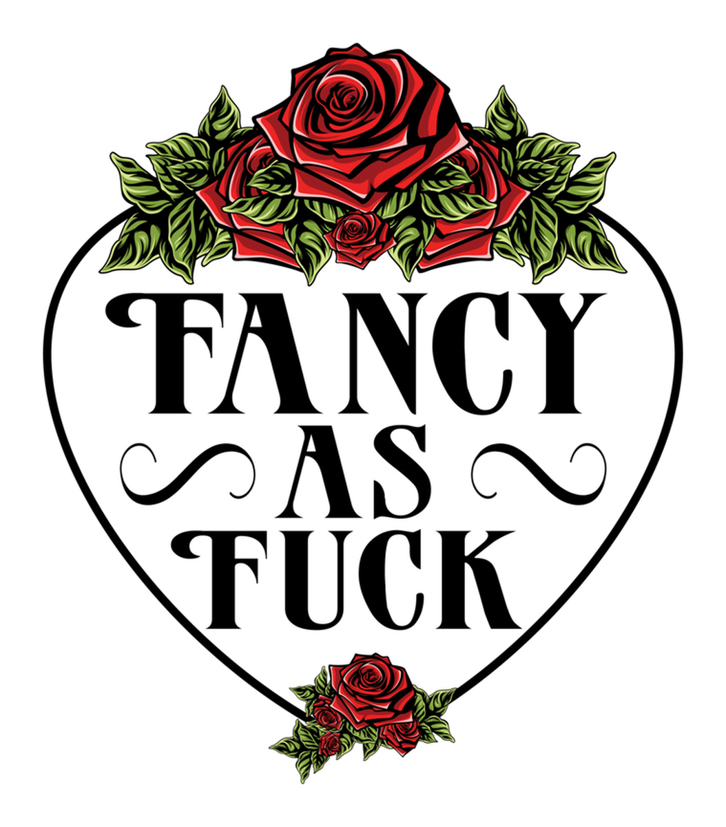 Fancy As F**k Vinyl Sticker: Black and White Rose Tattoo Heart Design With Red Roses, Rose Gold Vines & Flowers, Gothic Font, Romantic, Bold, Decorative, Unique