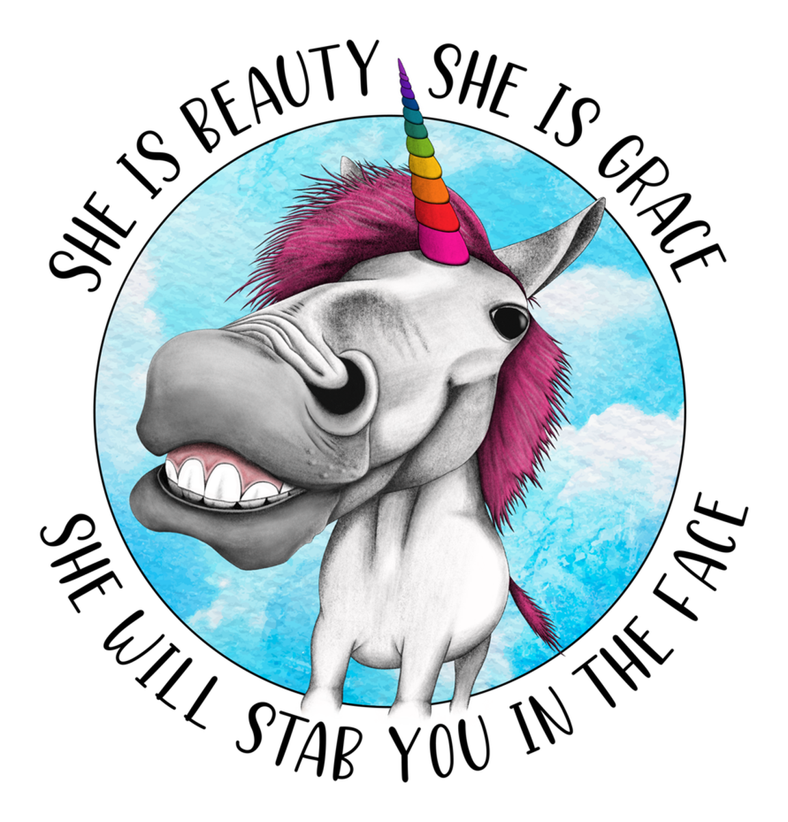 Unicorn Quote Sticker: She's Beautiful, She's Grateful, She's Graceful - Pink and Blue Unicorn Sticker with White Text