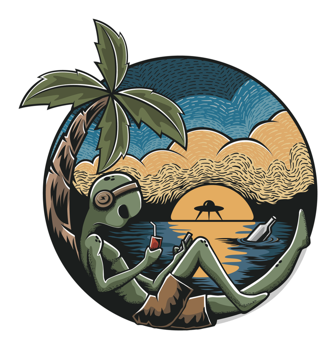 Tropical Vacation Vinyl Sticker: Cartoon Traveler Chilling by Beach with Palm Tree, Sunset & Moonrise in Background.