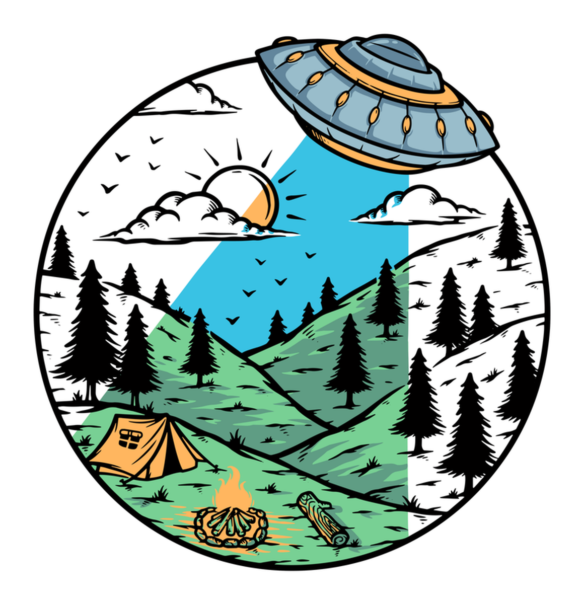 UFO Adventure Camp: Eco-Friendly, Nature-Themed Aliens Campsite Vinyl Sticker