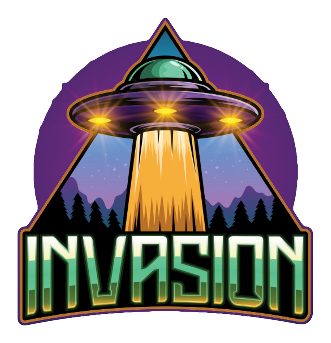 Alien Invasion EDM Festival Sticker - Colorful, Neon, Retro-Futuristic Design, Vinyl Sticker