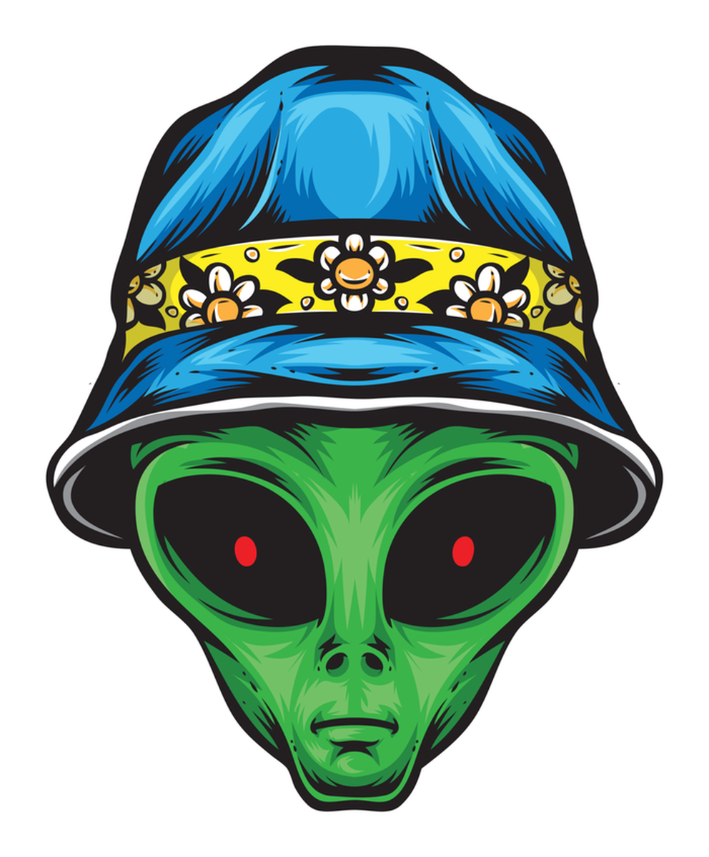 Alien Etsy Sticker: Alien Head in Hat, Blue Flowers