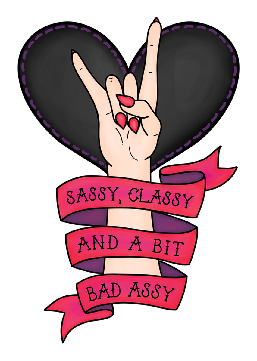 Edgy Rocker Tattoo Style Vinyl Sticker with Black Heart: Pink Tattoo Art on Black Background Featuring Red Lettering